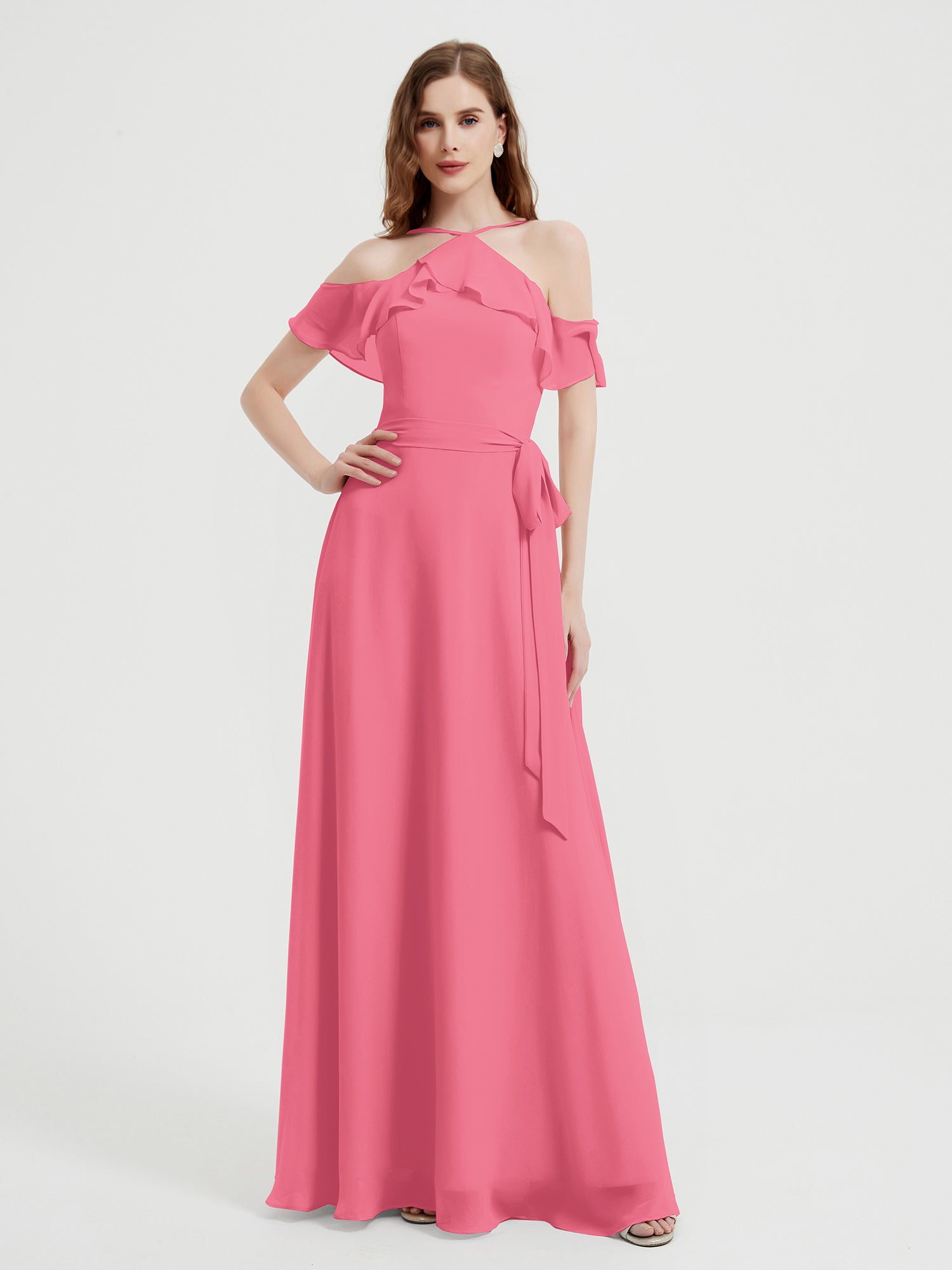 Y Neck Chiffon Dress with Ruffles Sleeves Watermelon